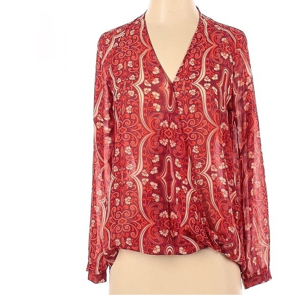Wine and rust print semi sheer oversized surplice blouse top size XS - Picture 1 of 6